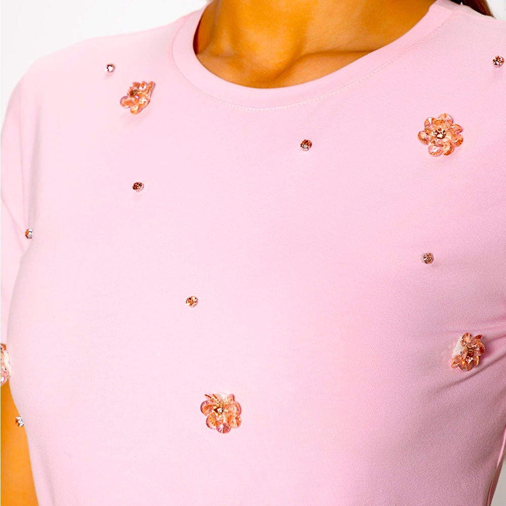 T-Shirt pink with flowers in beads and brilliants